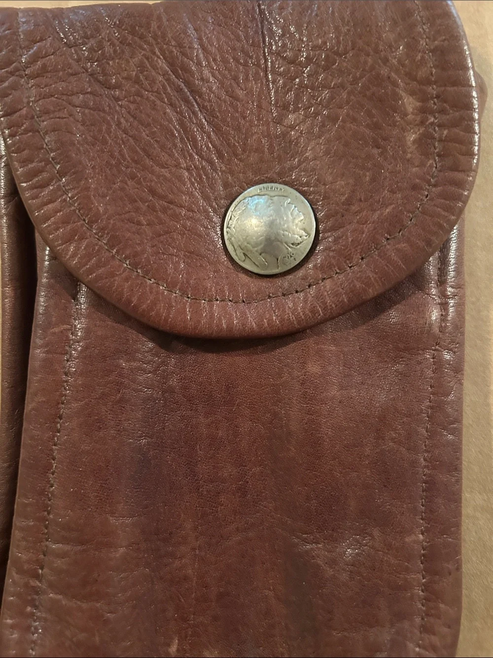 Brown Leather Pouch with Buffalo Head Nickle Snap Closure, Belt Loop on the Back